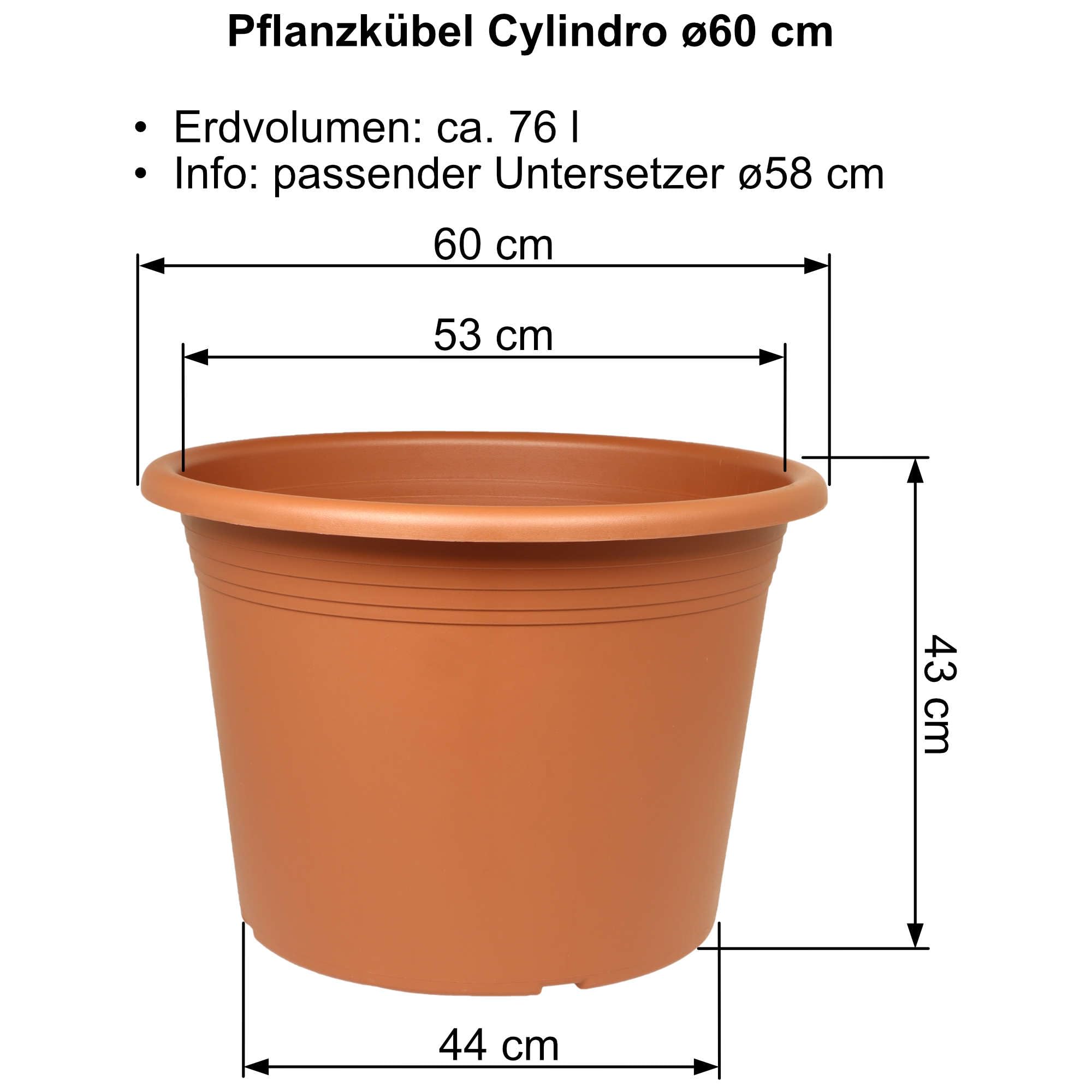 MePla - Blumentopf Pflanzkübel Cylindro ø60 cm + Untersetzer ø58 cm, Terrakotta, wetterfest aus UV-beständigem Kunststoff