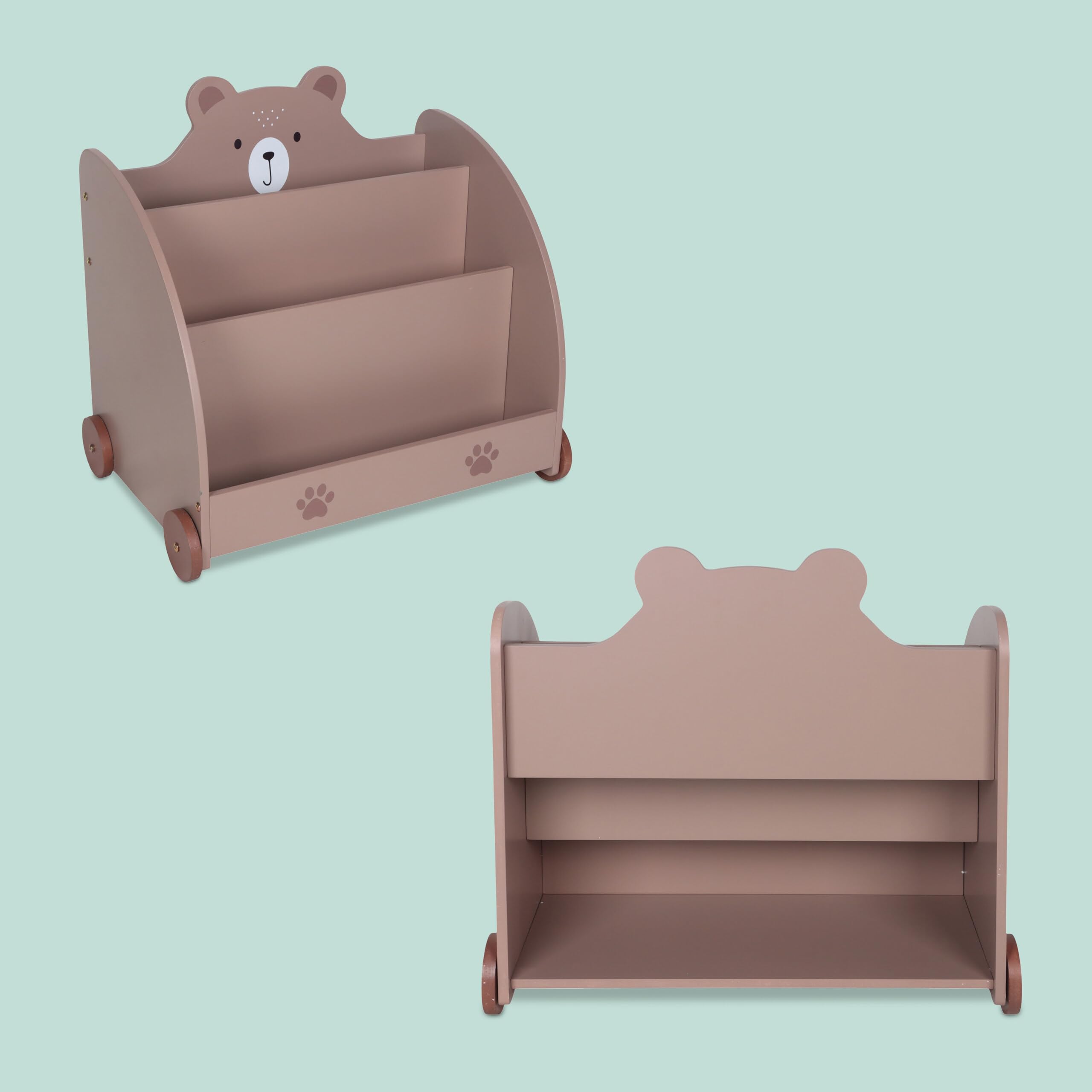 Estantería Relaxdays para niños, diseño de Osos, HBT: 58 x 60 x 40 cm, con Ruedas, Esquinas Redondeadas, MDF, marrón