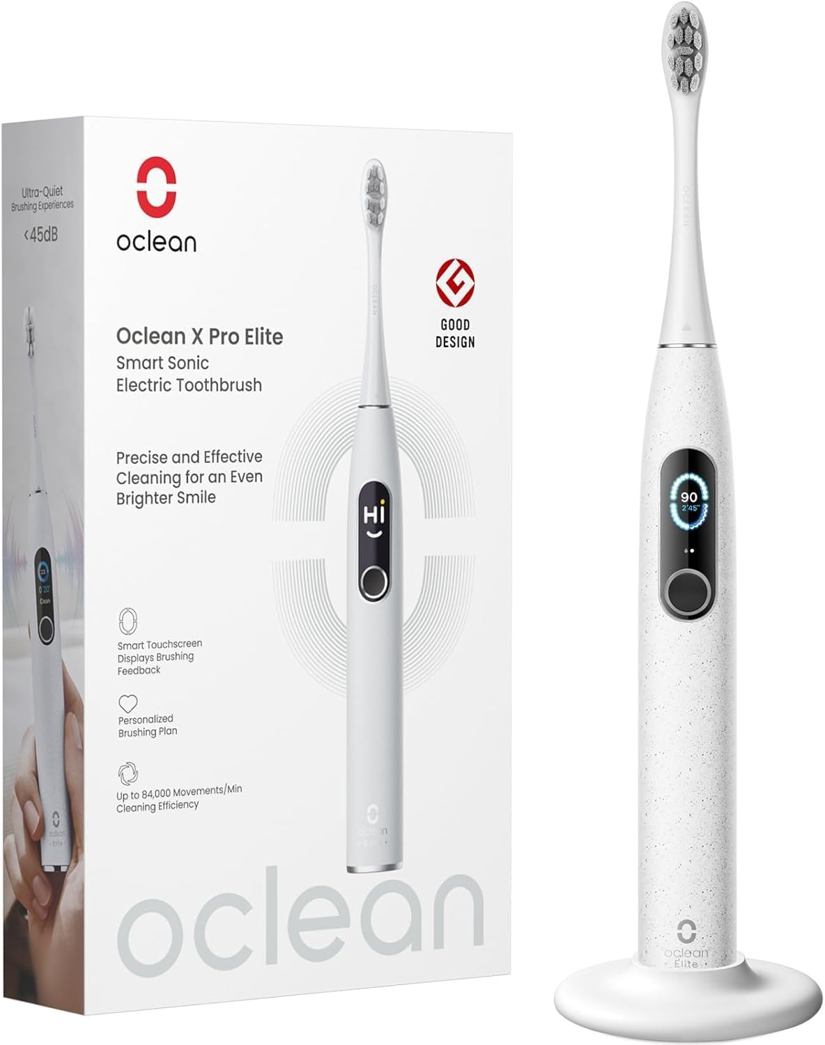Oclean X Pro Elite Electric Toothbrush, Touch Screen, Scoring, App Compatible, Charging Stand Included, Sonic Type, Linear Motor, IPX7 Waterproof, Wireless Rechargeable, 2 Hours Fast Charging (Gray)