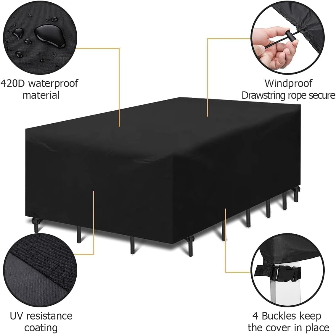 GARPROVM Patio Furniture Cover For Table and Chairs, Extra Large Outdoor Furniture Set Cover 420D Waterproof, Weatherproof Outdoor Seating Set Covers Anti-UV -110''x71''x36'' Black