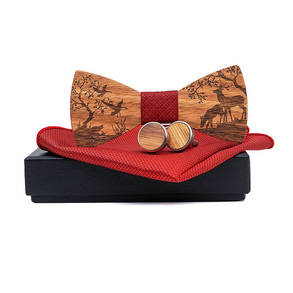 GIVBRO Gemelos cuadrados de madera con diseño de alce y pajarita de bolsillo, pañuelo con caja para hombre, boda, fiesta, color rojo