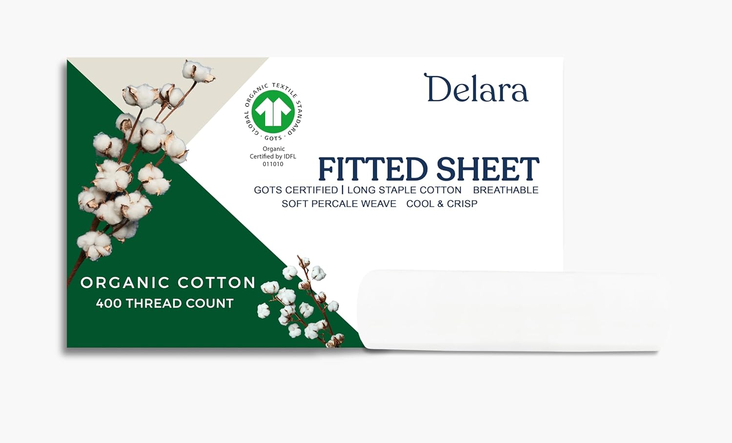 Delara 100% Organic Cotton Percale Weave Sheet, 400 Thread Count GOTS Certified, Smooth & Moisture-Wicking, Soft & Silky Breathable Bedding (White, Queen Fitted Sheet Only)