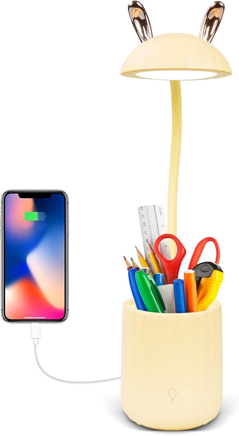 Cute Desk Lamp, Small Desk Lamp with USB Charging Port, Stepless