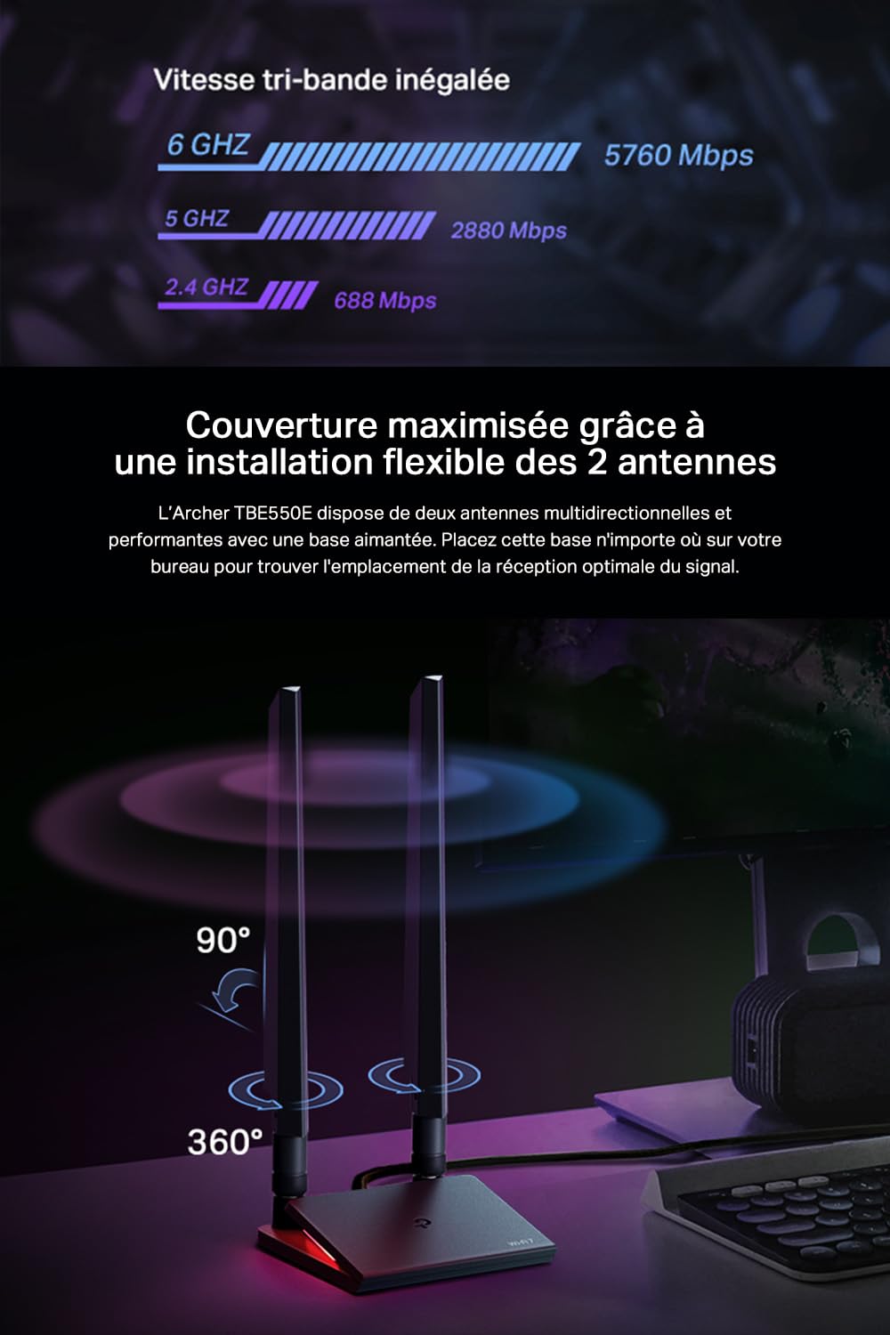 TP-Link Carte WiFi 7 PCIe BE9300 avec Bluetooth 5.4, Archer TBE550E | Tri-bande 6 GHz, MLO, base magnétique, idéal gaming/streaming 8K, pour Windows 11 (64 bits) uniquement