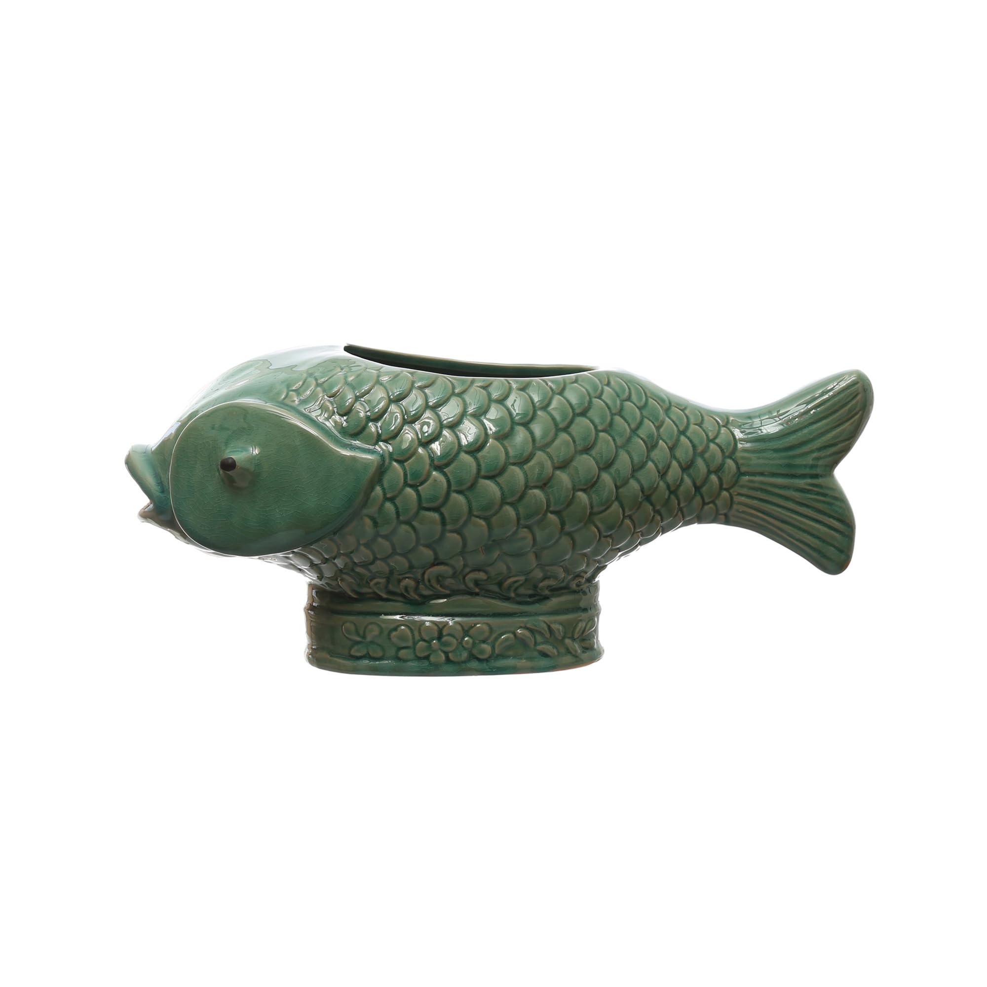 17 Inches Debossed Stoneware Fish Planter, Reactive Glaze, Holds 7 Inches Pot, Turquoise
