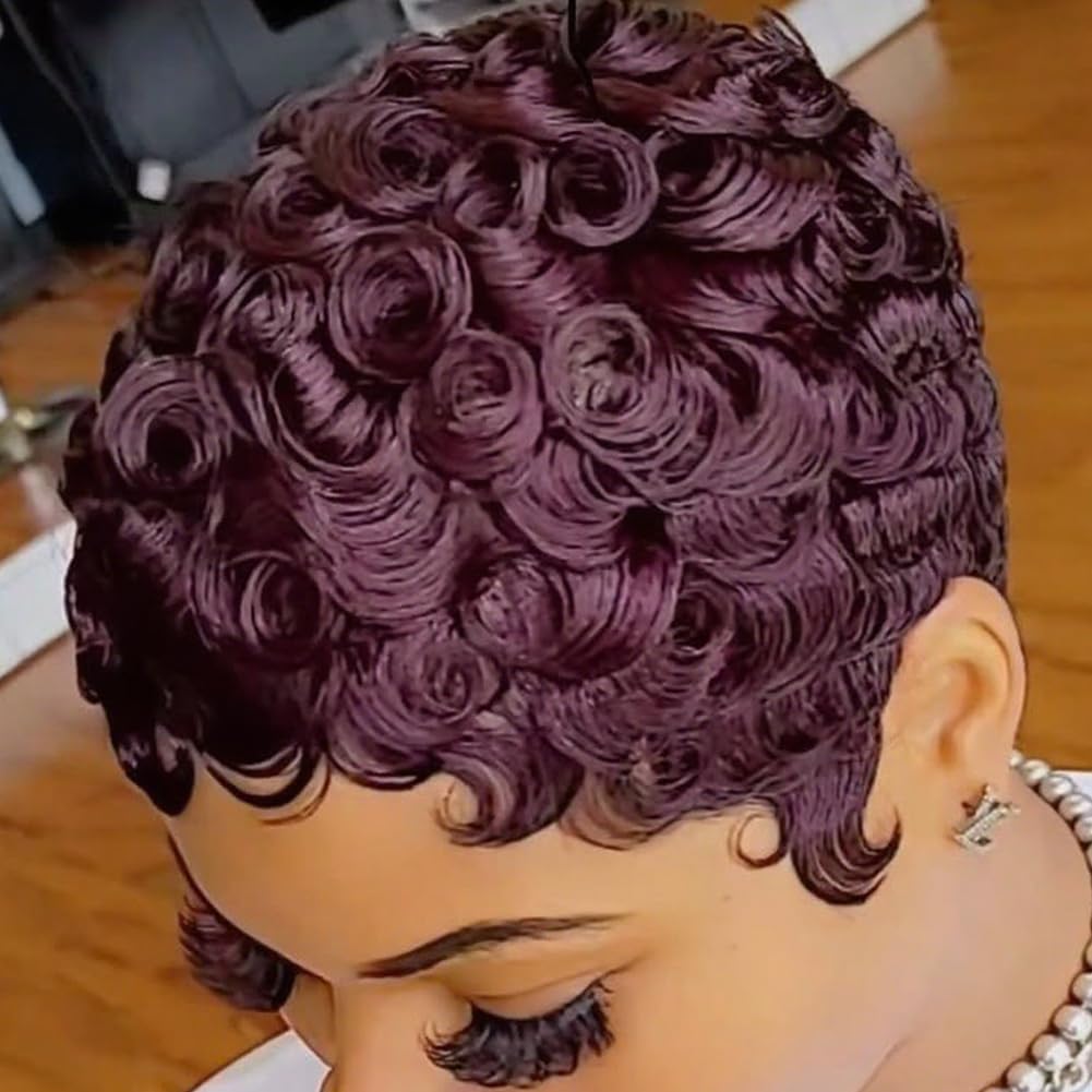 Burgundy Short Pixie Cut Wigs for Black Women Wine Red Short Wig for Black Women Synthetic Layered 99J Pixie Hair Curly Wigs with Bangs (Wine Red)