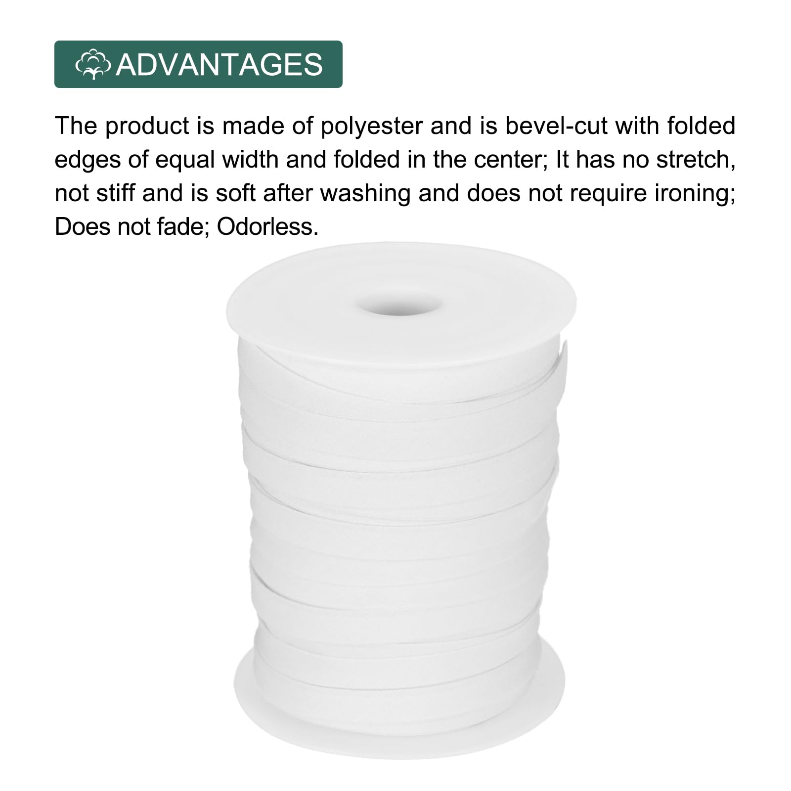 MECCANIXITY Cinta al bies de poliéster de doble pliegue de 2/5 pulgadas para costura, costura, dobladillo, manualidades (blanco, 50 yardas)