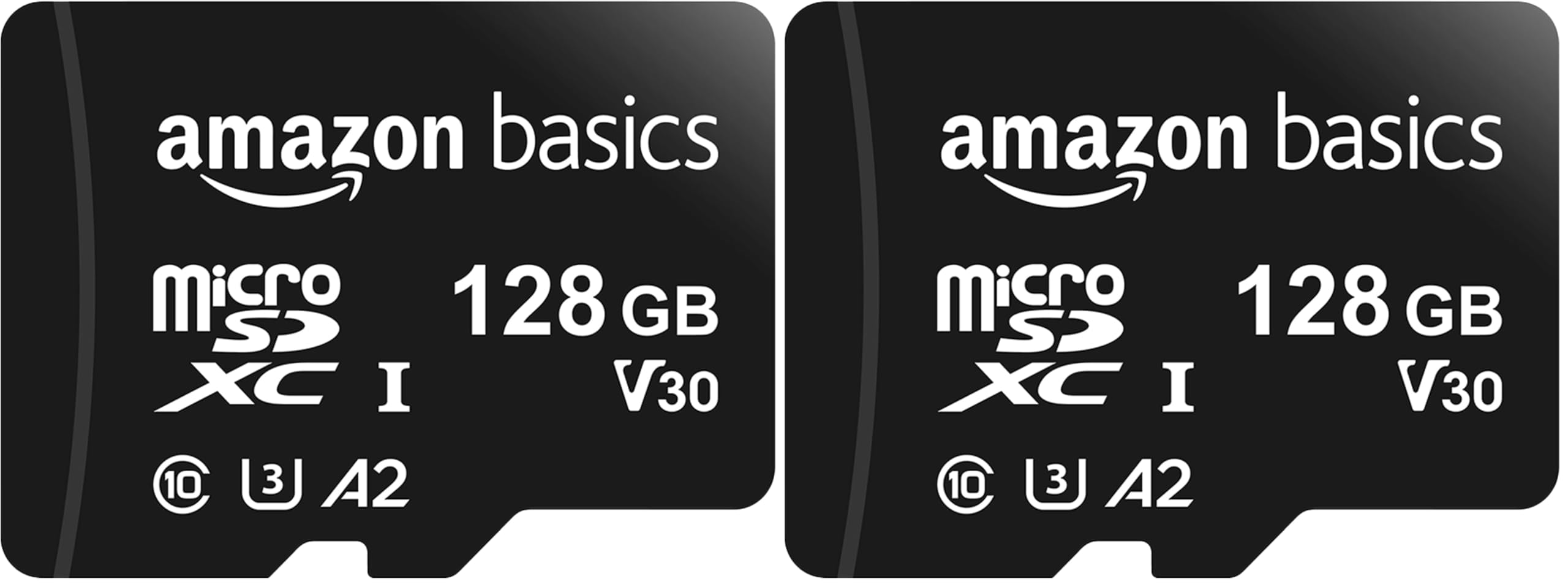 Amazon Basics microSDXC Memory Card with Full Size Adapter, A2, U3, Read Speed up to 100 MB/s, 128GB, Black (Pack of 2)