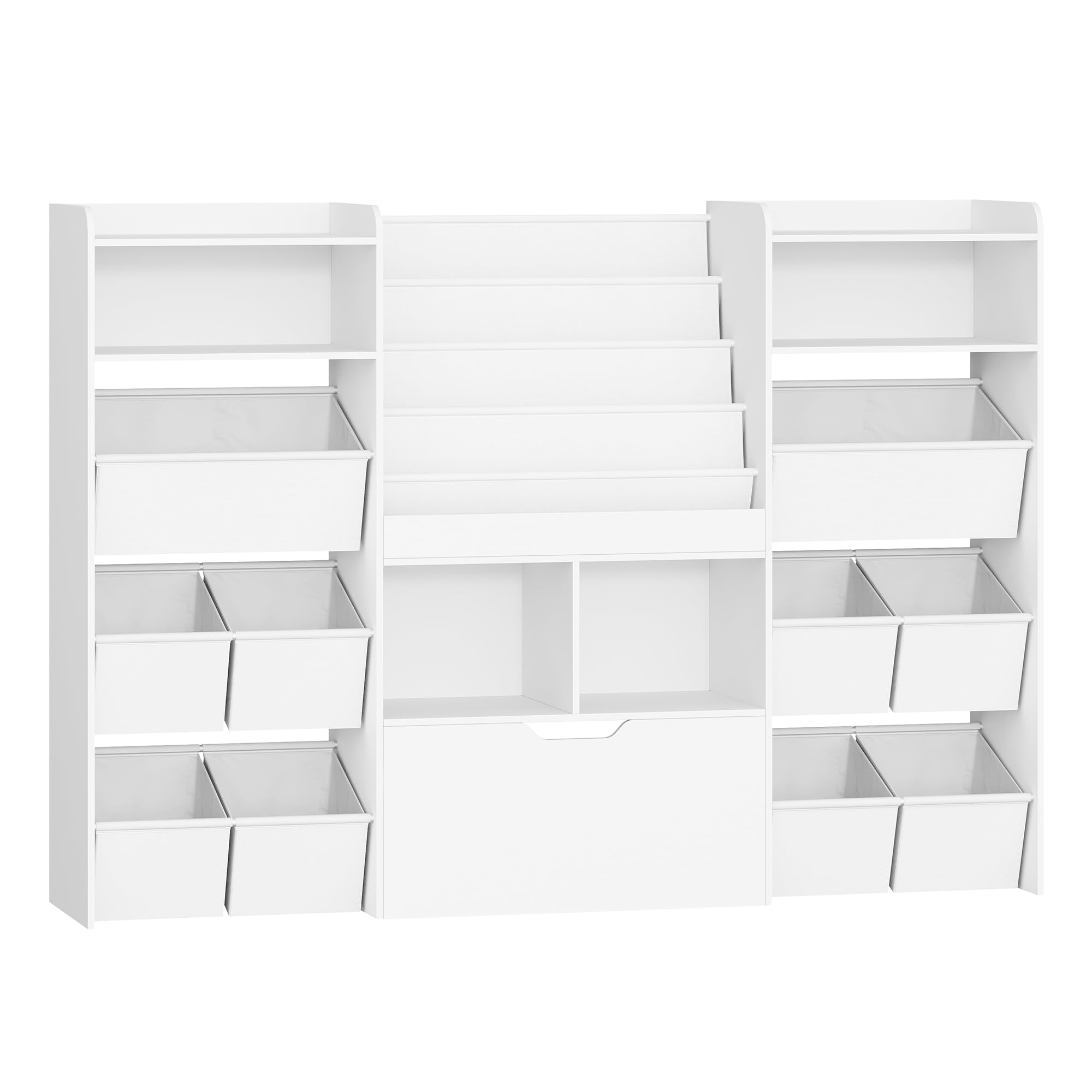 HEXCELEN Meuble Rangement Enfant avec Porte-journaux, Bibliothèque Enfants avec Tiroirs Roulants, 10 Boîtes en Non-tissé, Étagère à Jouets, pour Chambres d'enfants, Bureau, 30 x 140 x 100 cm Blanc