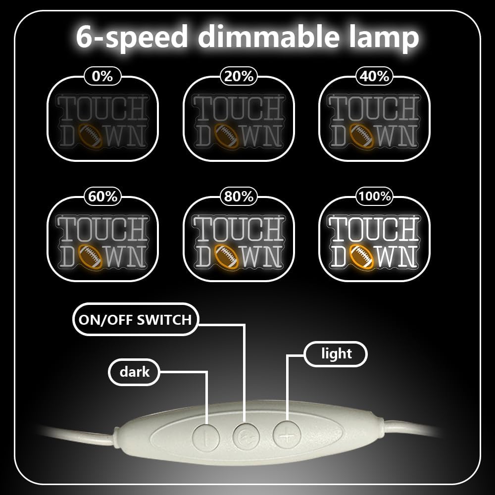 Football Neon Sign, Touch Down LED Neon Light Signs for Wall Decor Football Rugby Light up Sign Lamp for Party Bar Bedroom Pub Man Cave Decor Birthday Gift for Fans Dimmable USB Powered(16.2"*9.9") - Image 4