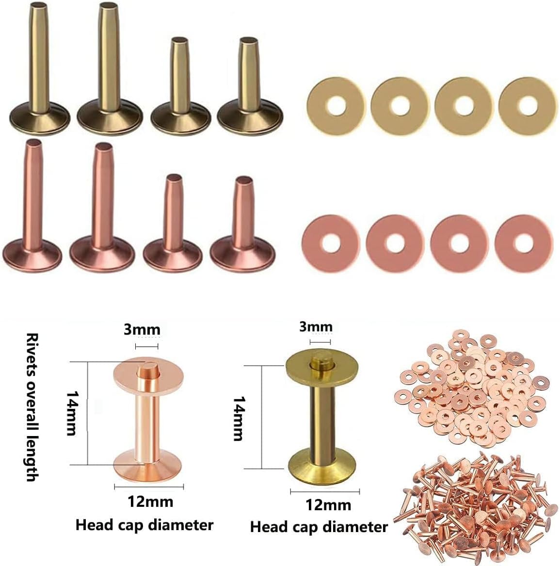 Chipsee Copper Rivets and Burrs Leather Copper Rivet 120 Set Brass Fasteners Rivets Studs Industrial Rivets for Belts Wallets Collars Leather DIY Craft Supplies (12 * 12mm)