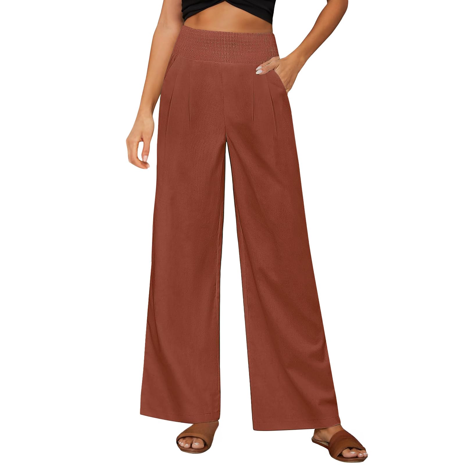 Womens Straight Wide-Leg Loose Drape Casual Pants High Waist Button Up Trousers Office Work Palazzo Lounge Pant