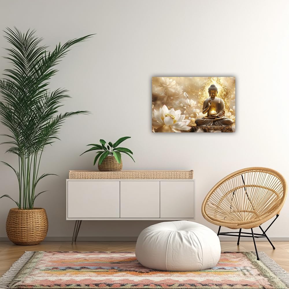 Buddha Canvas Wall Art Zen Golden Buddha Statue Poster Prints Buddha with Lotus Picture Prints for Meditation Decor Framed(Buddha-3,12x18inch (30x45cm))