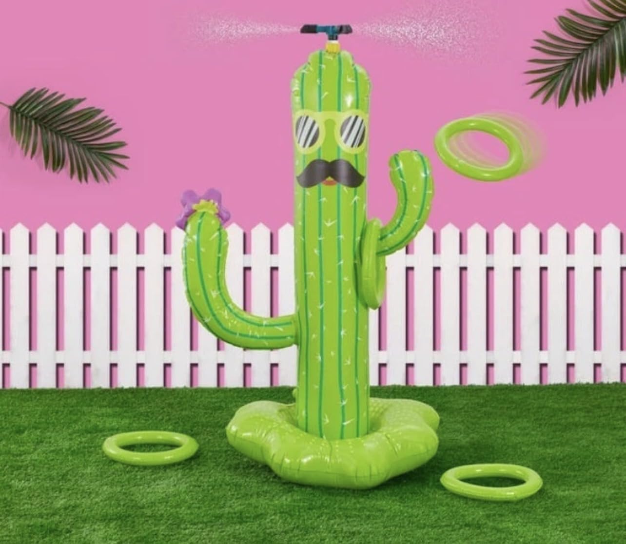 4ft Inflatable Cactus Water Sprinkler, Hello Summer Theme, Kids Outdoor Garden Beach Fun, Green