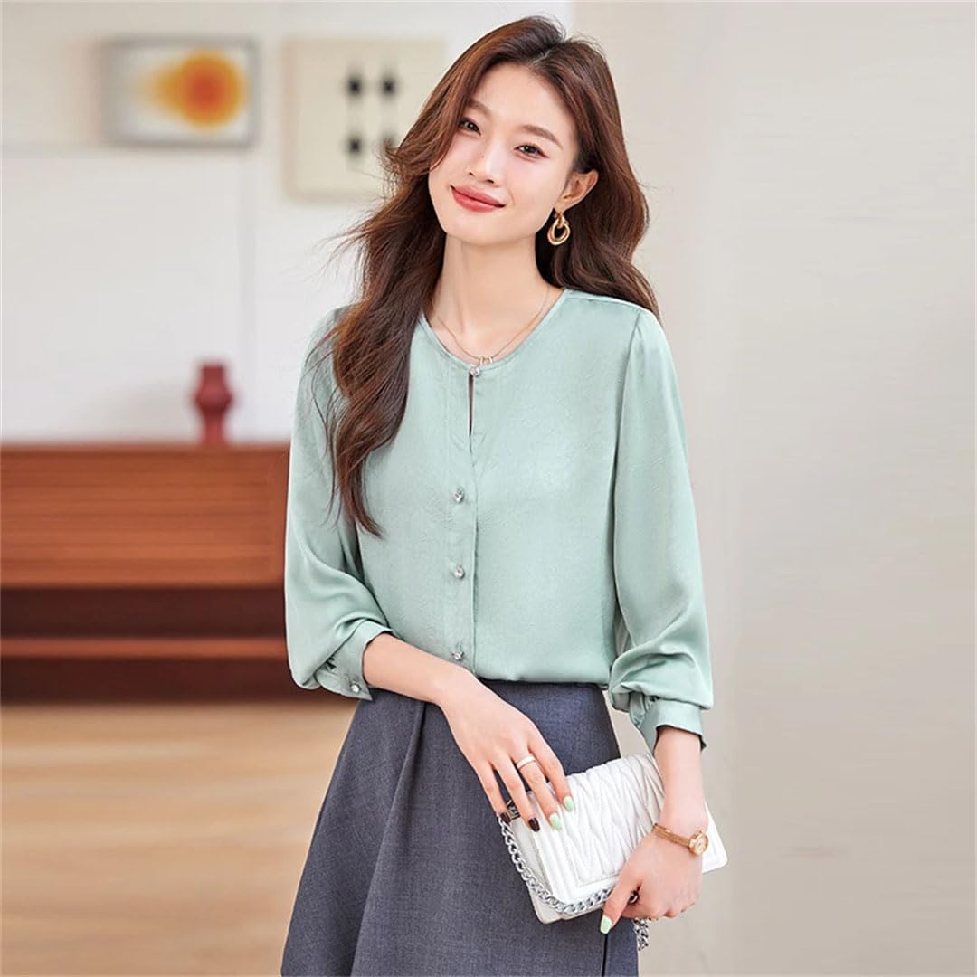 Blusa lisa para mujer, de manga larga, cuello redondo, de satén, para oficina, trabajo