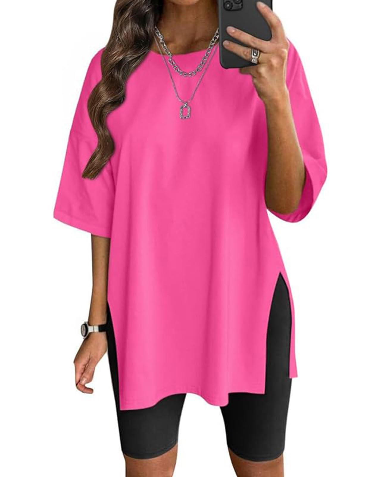 Damen Oversized T-Shirt Große Größen Tees Tops Seite Split Kurzärmliges Loose Fit