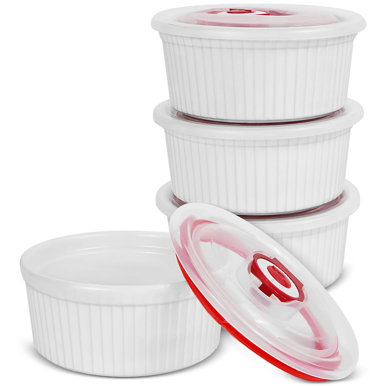 Confezione da 4 pirottini con coperchio, in ceramica, diametro interno di 9,5 cm, per torte, marmellate e soufflé, microonde, forno, lavastoviglie e friggitrice ad aria