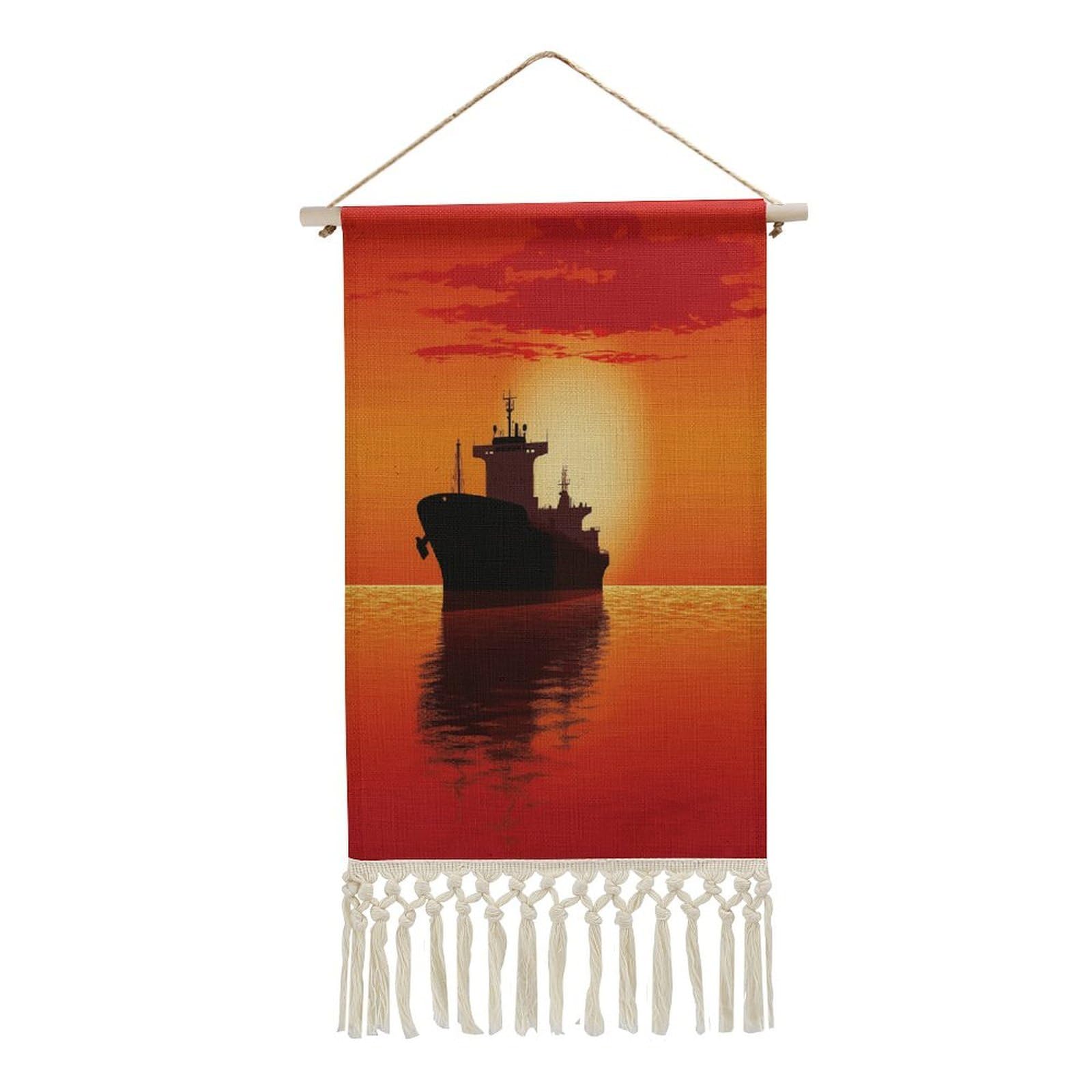 Adfgyerh Style Silhouette Of The Tanker Ship On Red Sunrise Tapestry With Tassels Cotton And Linen Hanging Posters, Wall Art For Travel Gift, Wall Tapestry For Office Home Decor Bedroom Living Room Decor