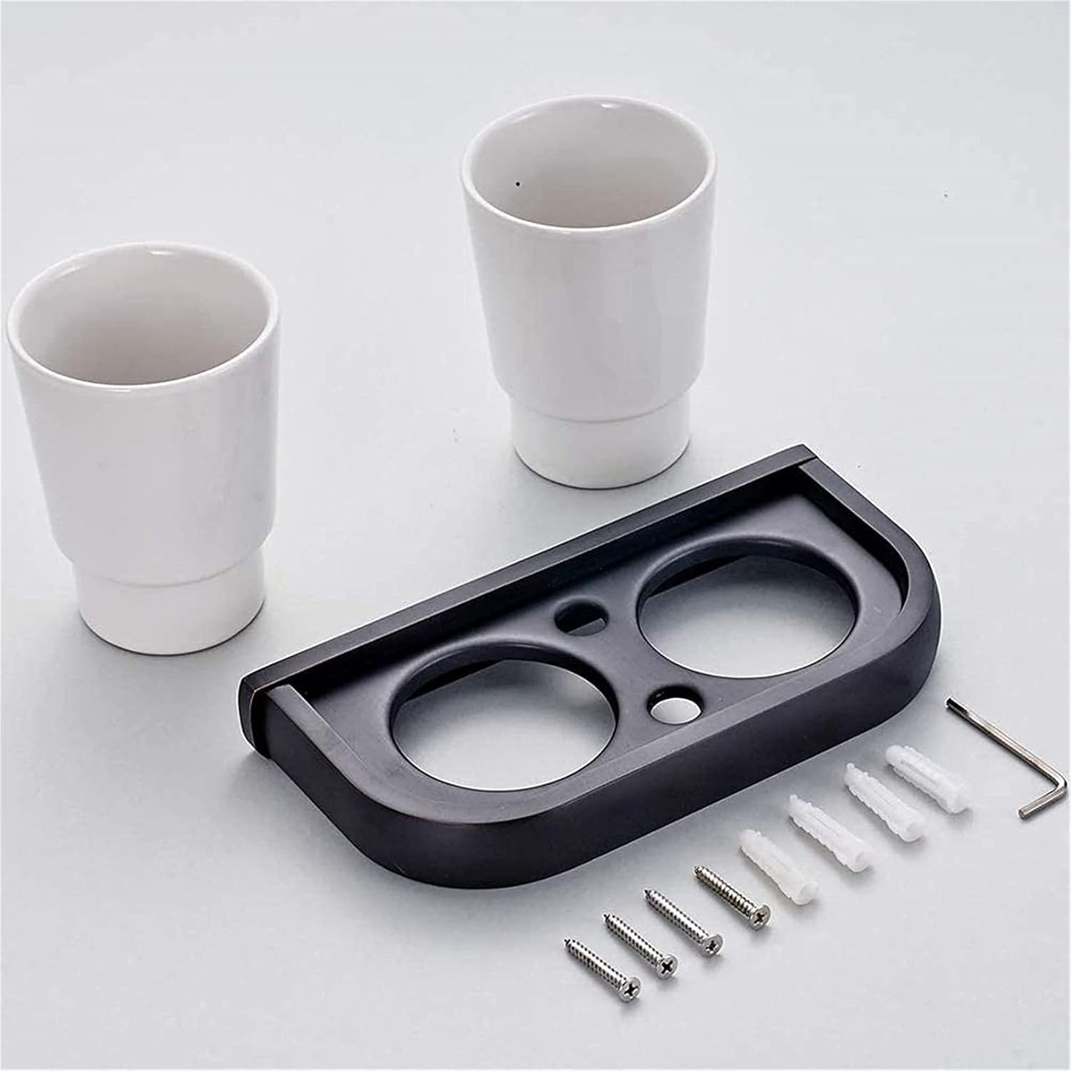 Portavasos para cepillos de Dientes， Accesorios de Montaje en Pared for baño, portavasos for Cepillo de Dientes de Bronce Retro Negro, portavasos Doble con Taza de cerámica Antigua(Schwarz)