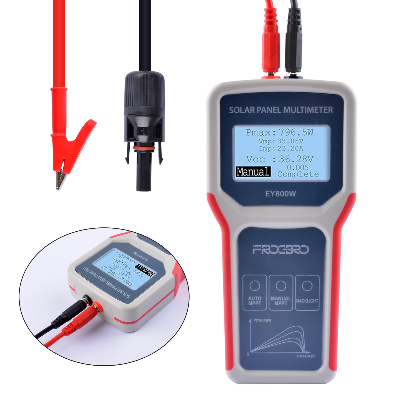 Testeur de Panneaux Solaires FB673PV, Multimètre Photovoltaïque 800W, Testeur MPPT Intelligent avec Écran LCD Clair, Outil de Diagnostic pour Tension en Circuit Ouvert (EY800W)