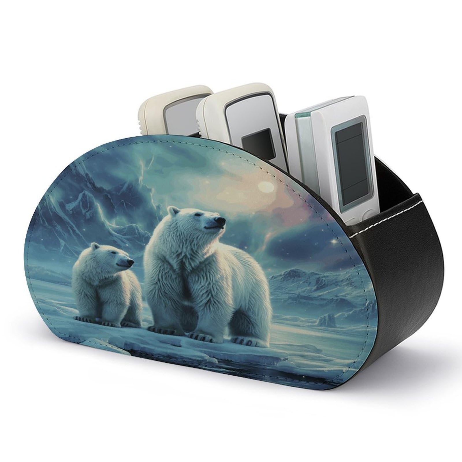 VstaDank Polar Bears Northern Lights Remote Control Holder Farmhouse TV Media Remote Storage Box with 5 Compartments PU Leather Remote Caddy Desktop Organizer for Home Bedside Table Organizer