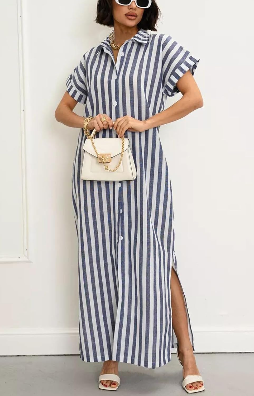 utcoco Women's 2025 Striped Short Sleeve Cotton Maxi Shirt Dress Belted Side Slit Button Down Dress with Pockets - Image 3