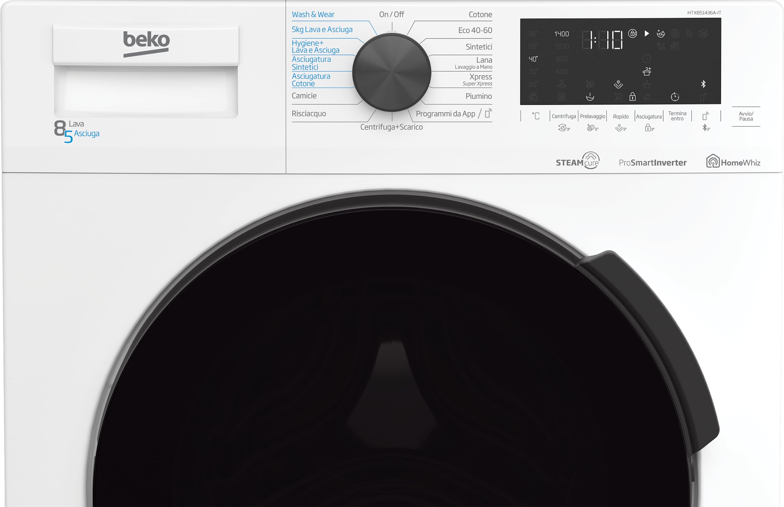 Beko - HTX851436A-IT - Lavasciuga Standard, 8/5Kg, 1400giri, Classe di lavaggio C, Vapore SteamCure, Bluetooth, Dimensioni HxLxP:84x60x59cm. Profondità solo mobile: 54cm