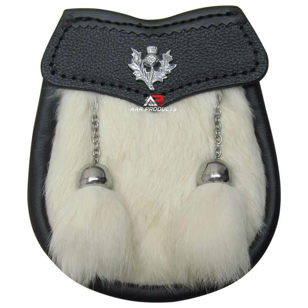 AAR Boys Sporran White Rabbit Fur 2 Tassels Free Leather Belt Chain Multi Design