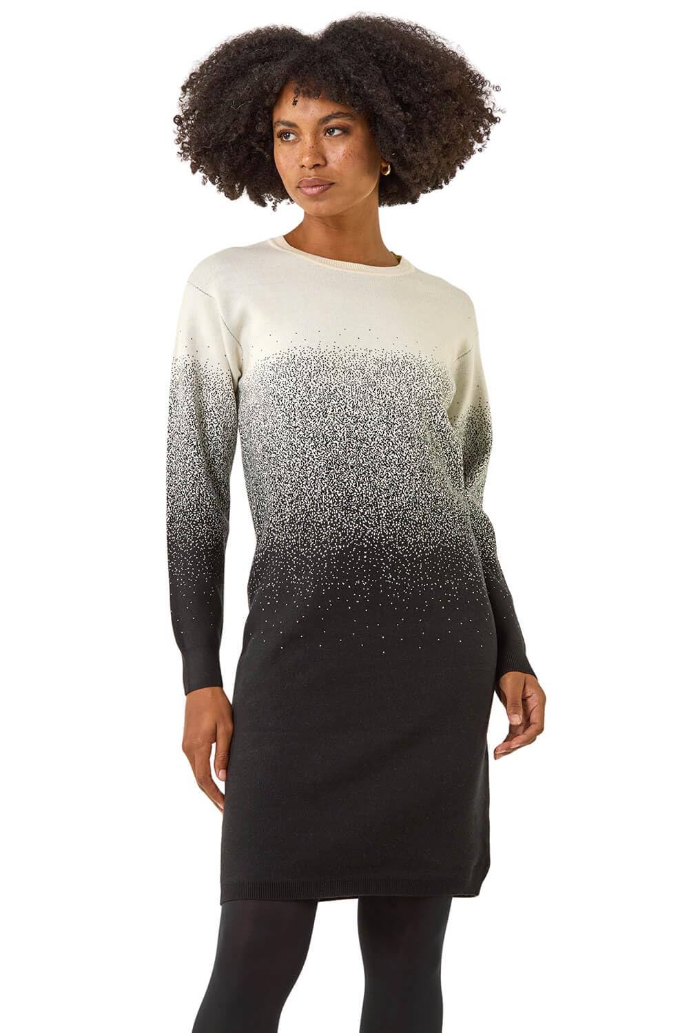 Roman Originals Ombre Knitted Jumper Dress for Women UK - Ladies Everyday Autumn Winter Round Neckline Comfy Soft Evening Vacation Work Party Night Out - Ivory Black - Size 20