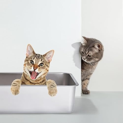 Miniatura 8 de Caja de arena para gatos de acero inoxidable con lados altos, nunca absorbe olores, manchas ni se oxida, superficie lisa antiadherente para gatos y