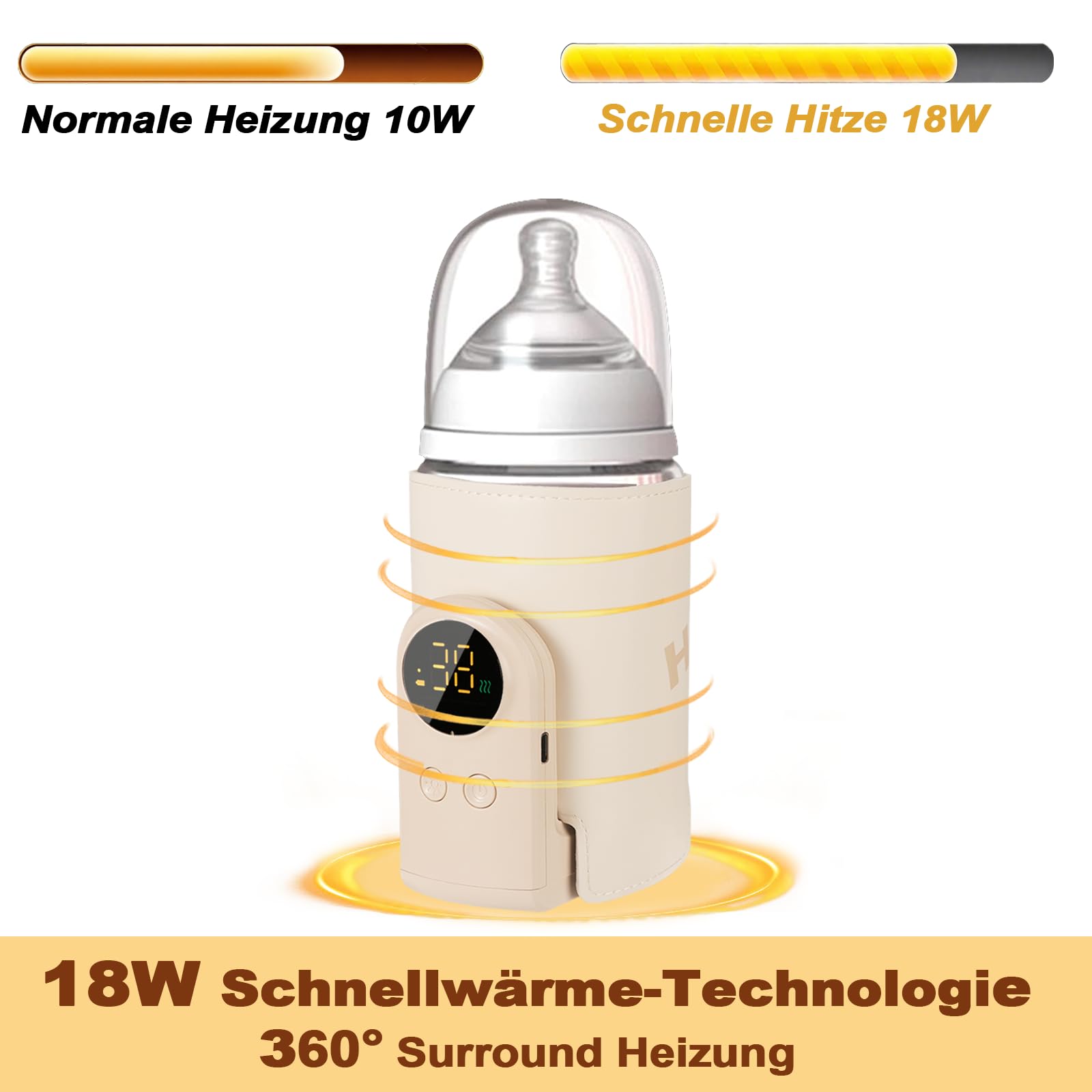 Flaschenwärmer Baby unterwegs mit 6-Temperaturstufen (38°C-50°C) - USB-C Flaschenwärmer für Unterwegs, Kompakt in Reisegröße, Intelligentes LCD & Thermikontrolle für Milch/Beikost (Gelb)