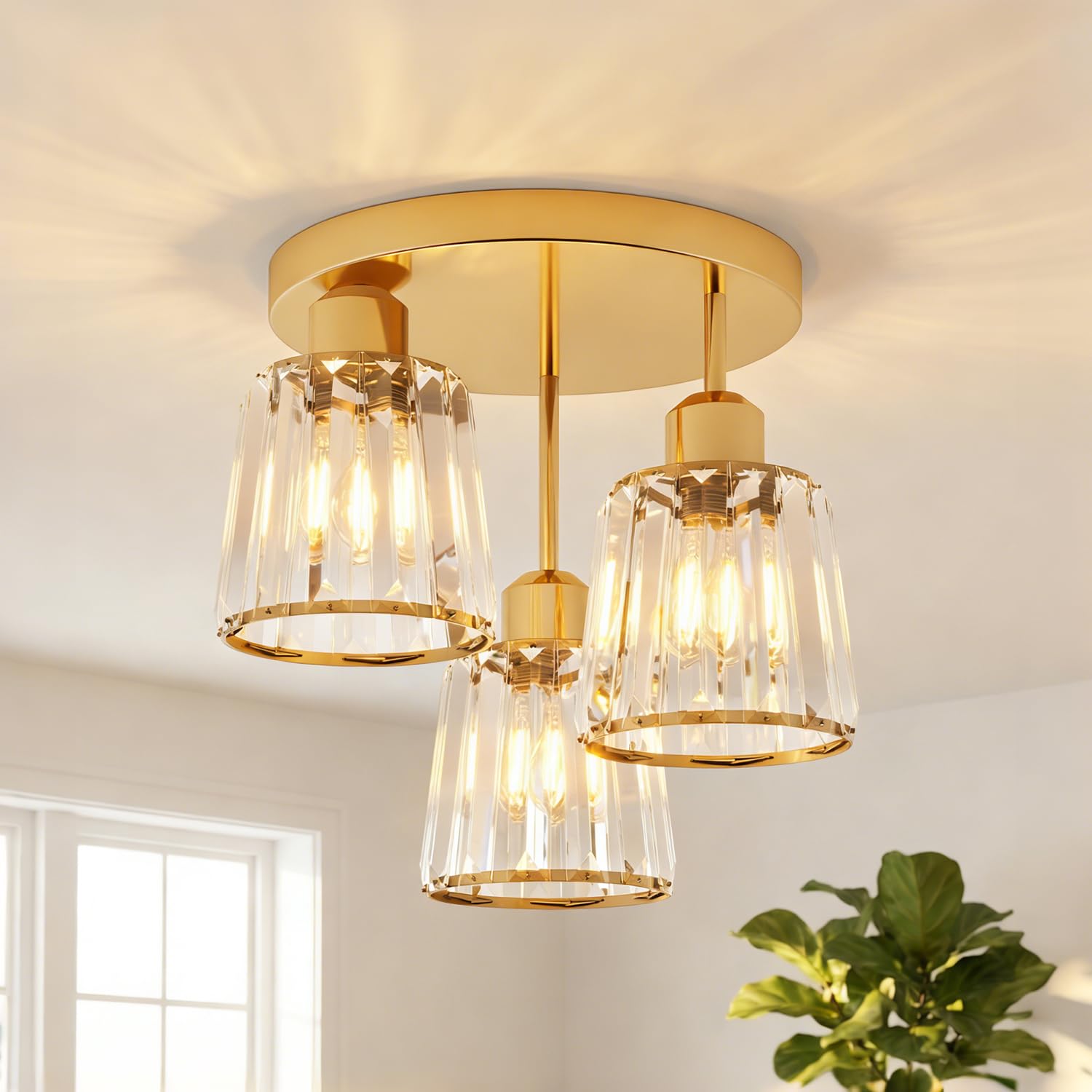 ANWIO Lampadario Soffitto Cristallo Oro, Plafoniere da Soffitto Moderno 3 Luci, Plafoniera Soggiorno E27, Lampadario in Cristallo con 3 Paralume in Vetro Per Camere da Letto (Senza Lampadine)