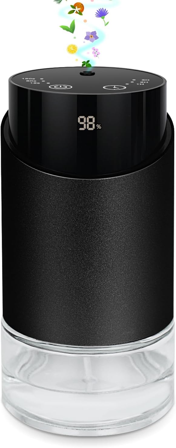 Waterless Essential Oil Diffuser Aromatherapy Scent Diffusers for Home Large Room, Bedroom, Car, Office, Desk, Battery Operated Mini Portable Air Freshener, 3 Countdown Timers & 3 Mist Levels Black