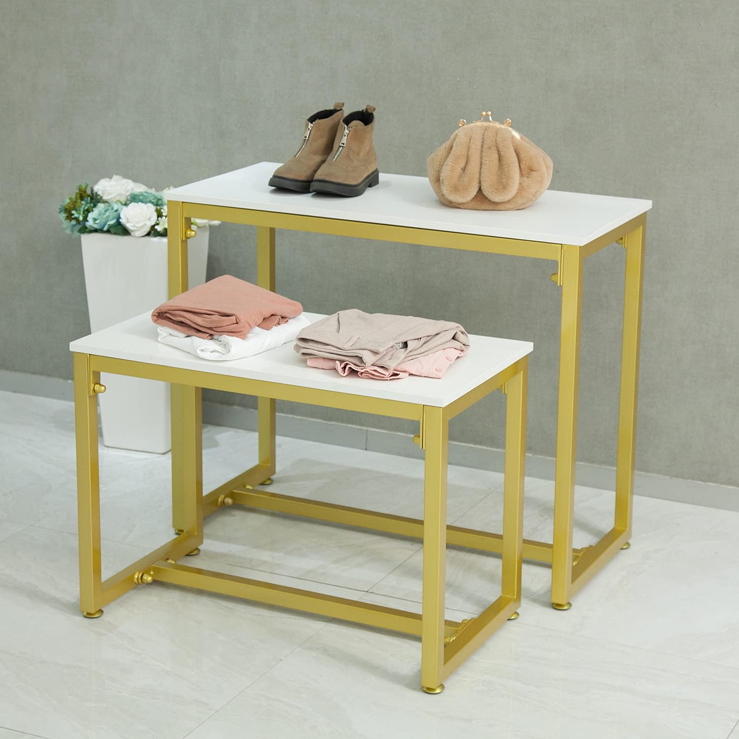 Metal Shoe Handbag Retail Display Racks, Nesting Tables 2 Piece Set, Display Stand for Retail Stores, Iron and Wood, Gold