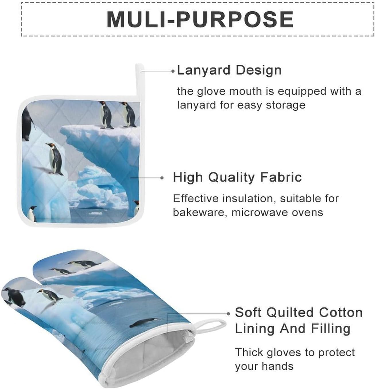 4-Piece Oven Mitts and Pot Holders Set Penguins On The Iceberg Printed Heat-Resistant Polyester Kitchen Gloves and Potholders Comfortable & Durable for Cooking Baking and Grilling