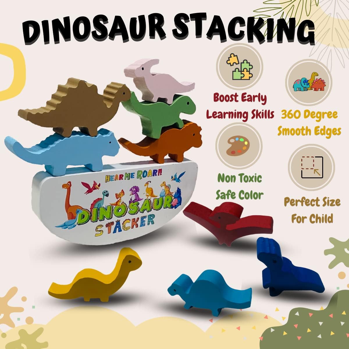 THE FUNNY MIND Dinosaur Wooden Stackers Toys for Kids, Wooden Stacking Blocks and Tower, Dinosaur Puzzles for 3, 4, 5, 6, 7, 8, 9, 10 Years Age Child, and Toddler| Stacking Toys for Kids and Adults 3