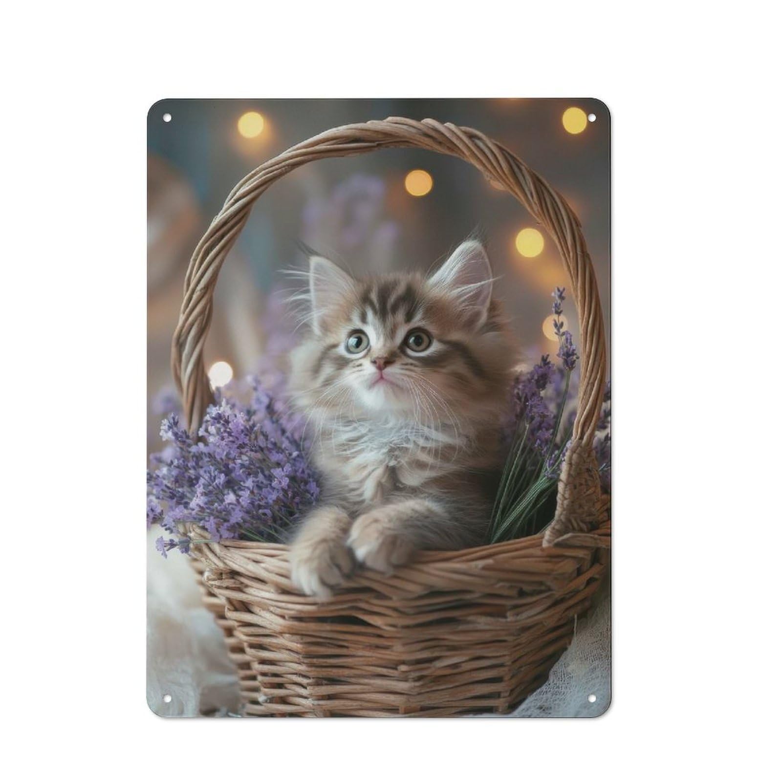 Junmoney Kitten In Lavender Basket Vintage Decorative Metal Plaque 40X30cm, Garden Room Wall Plaque For Shed, Garden Room, Porch Or Garage