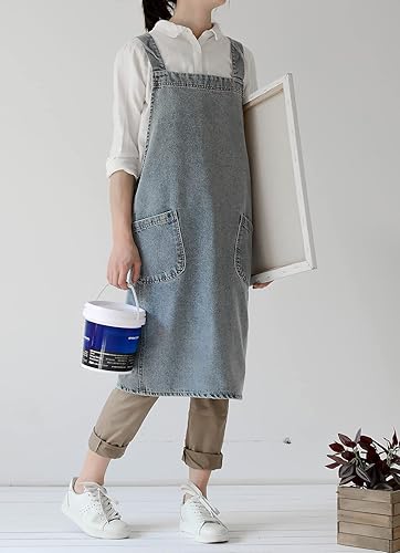 Miniatura 8 de Jeelow Delantal de cocina de algodón o sarga de algodón para hombres y mujeres, ajustable con bolsillos ajustables