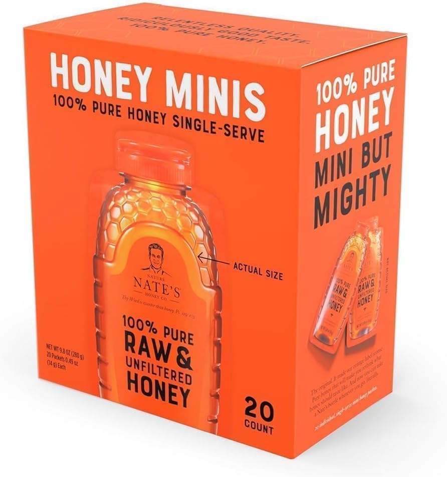 Nature Nate’s Honey Minis – Single-Serve 100% Pure, Raw & Unfiltered Honey – 0.49oz Packets, 20ct Box Nature Nate’s Honey Minis – Single-Serve 100% Pure, Raw & Unfiltered Honey – 0.49oz Packets, 20ct Box