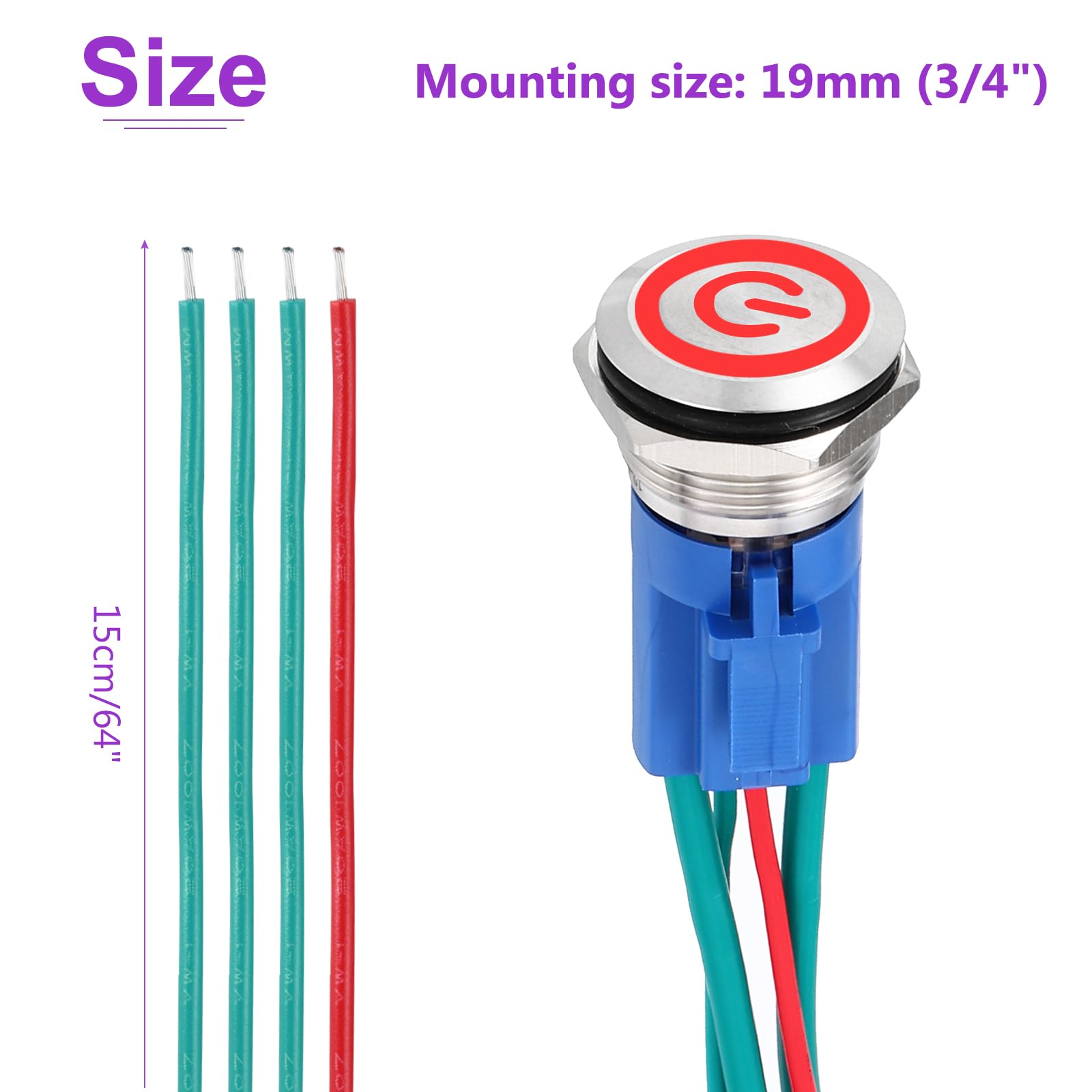 DMiotech 1 Pcs 19mm / 3/4" Stainless Steel Momentary Push Button Switch 1NO 15A 12-24V Silver Button Red Button Lamp with Socket Plug with Wire for Car Boat Systems Custom Setups - Image 4