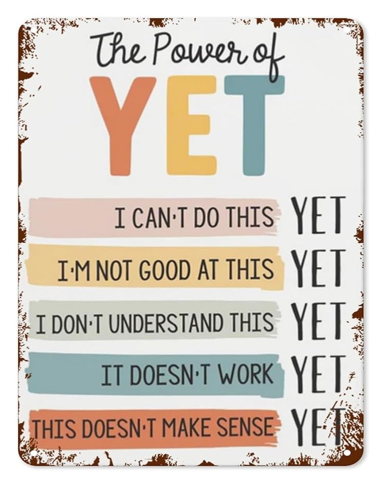 IDGTTLDF Growth Mindset Metal Tin Sign The Power Of Yet Motivational Wall-Art for Classroom School Office Teacher Home 8 X 12 in