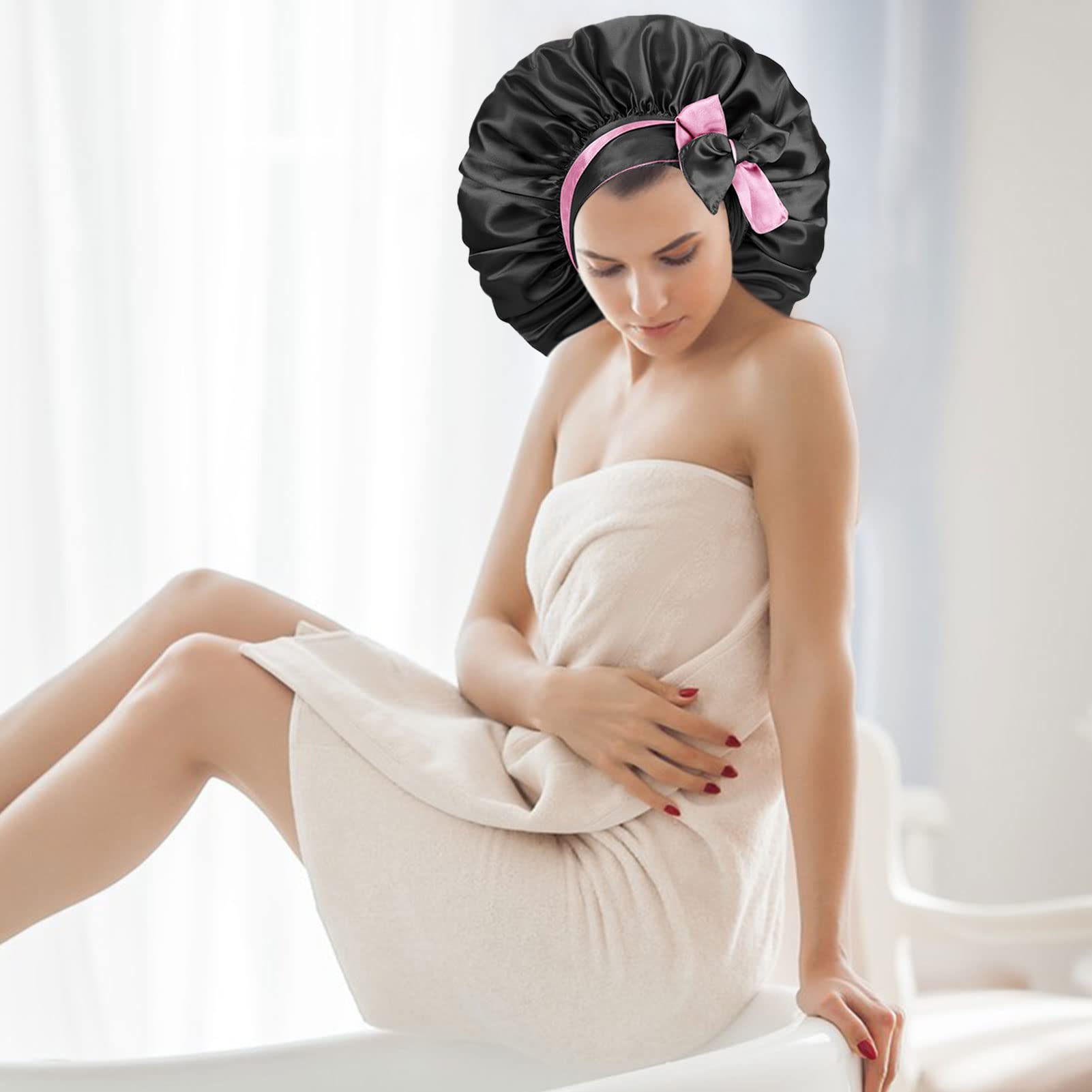 1PC Silk Satin Bonnet Hair Bonnet with Tie Band Silk Hair Wrap for Sleeping Extra Large Silk Bonnet Sleep Cap Adjustable Double Sided Reversible Nightcap for Long Curly Hair Black Women Braids Care - Image 4