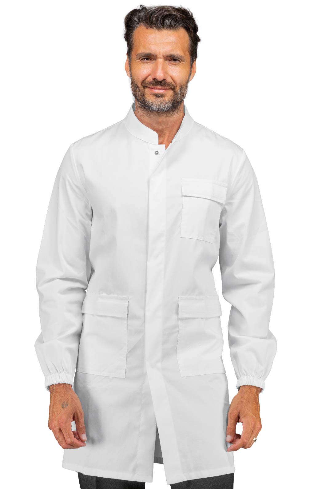Camice Bianco da Laboratorio Antiacido Certificato CE III Categoria - Marca Italiana Modello Unisex, Elastici ai Polsi, Tre Tasche Chiuse con Aletta a strappo e Clip Nascosta + Ricamo/Occhiali