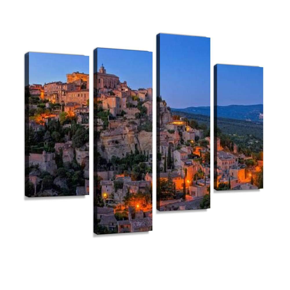 Canvas Print Artwork Gordes at night Wall Art Pictures Framed Digital Print Abstract Painting Room Home Office Decor Ready to Hang - 4 Panel