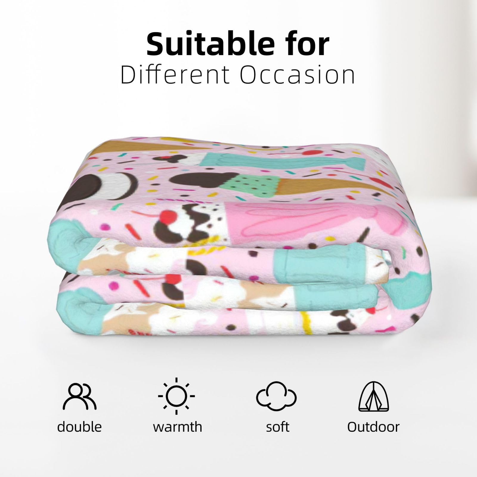 Couverture en flanelle imprimée crème glacée douce 177,8 x 203,2 cm - Chaude et douillette - Pour l'hiver - Pour camping ou voyage
