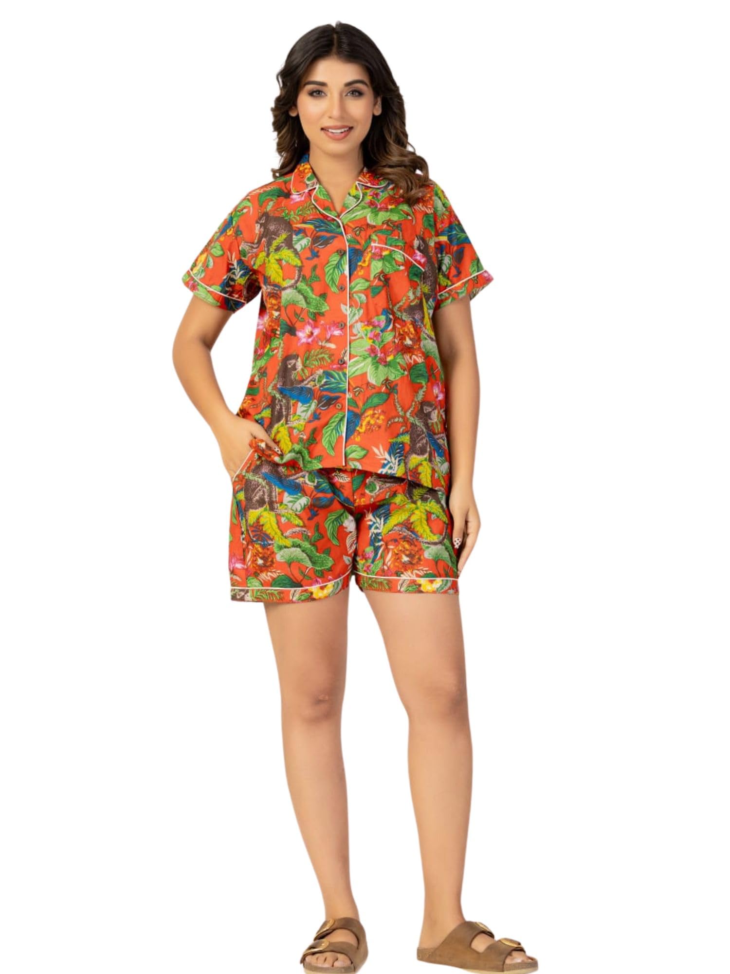 Women's Pure Cotton Printed Night Suit Set - Comfortable Button-Down Shirt & Matching Shorts Sleepwear | Stylish 2-Piece Lounge Set for Summer Relaxation-picture-56