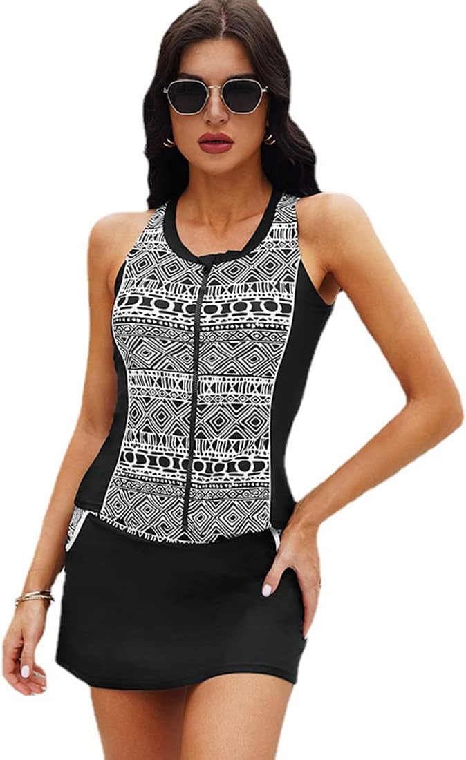 SoZe 2Xxl..Women Tankini Two Piece Swimsuit Zipper Closure Bodycon Swimwear Tank Top with Boyshorts