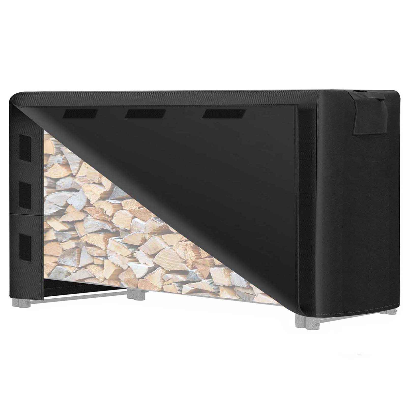 Copertura Resistente per Porta-Legna, Tessuto Oxford 600D, Copertura Impermeabile per Esterni con Fibbia e Nastro a Strappo (Porta-Legna Non Incluso),Nero,365x61x122cm