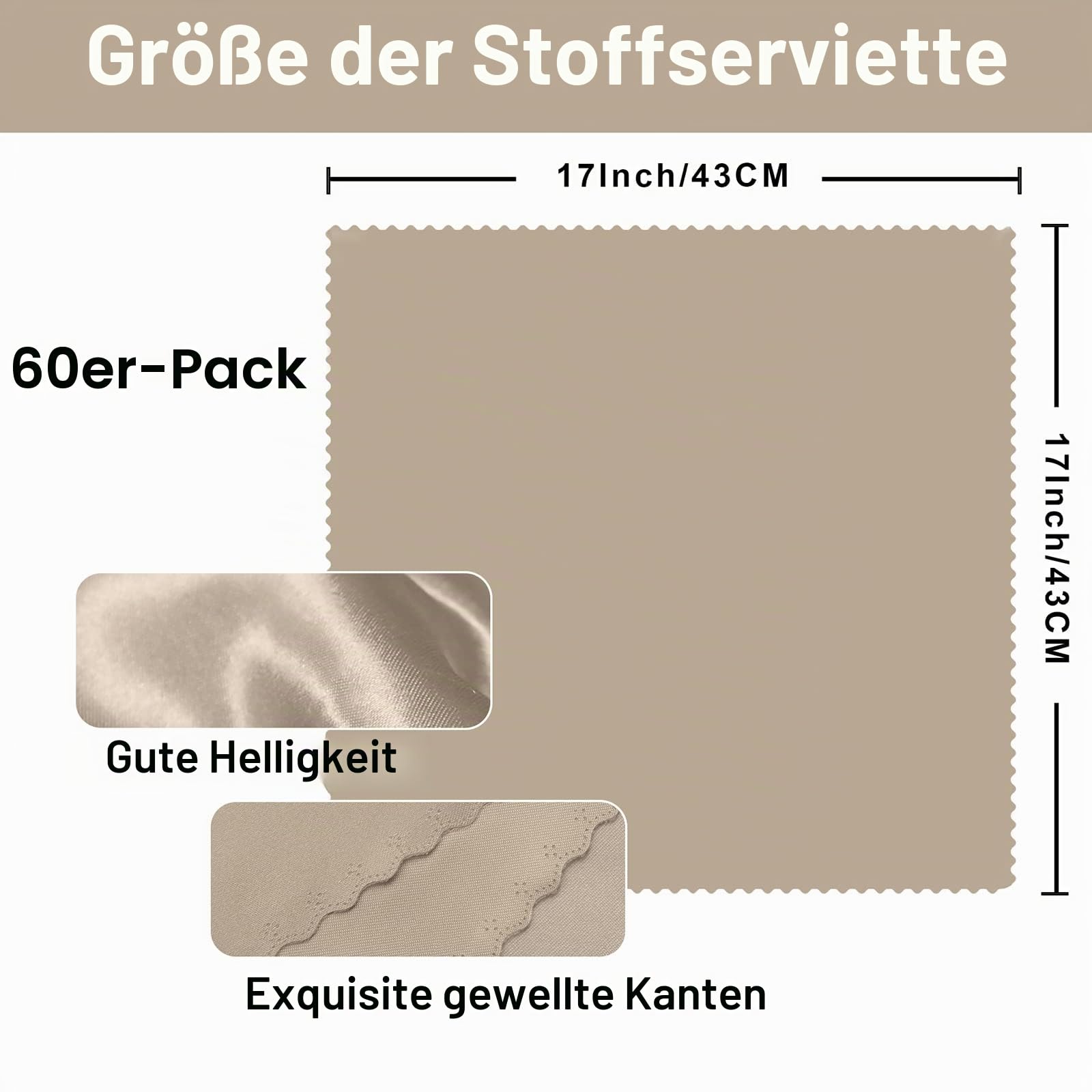 SiinvdaBZX 60 Stück beige Stoffservietten, gewellte Kanten, Dekoration, 43.2x43.2 cm, quadratische Satin-Servietten, seidig weiches Polyester, Abendessen-Servietten für Hochzeit, Bankett, Restaurant