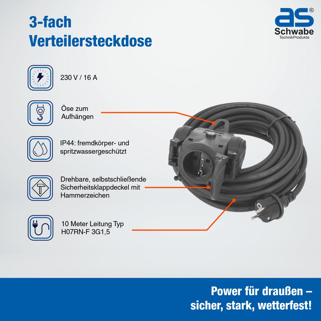 as - Schwabe 60456 3-Way Solid Guma Linia Przedłużacz Kabel Rozdzielacz Gniazdo, IP44, 230 V/16 A, 10 m Długość Kabla